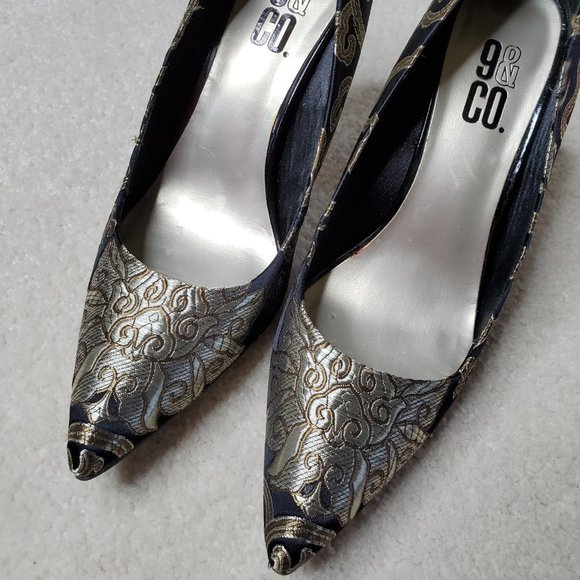 9 & CO. Black/Gold Women Embroidered Heels SZ 8M - Picture 5 of 8